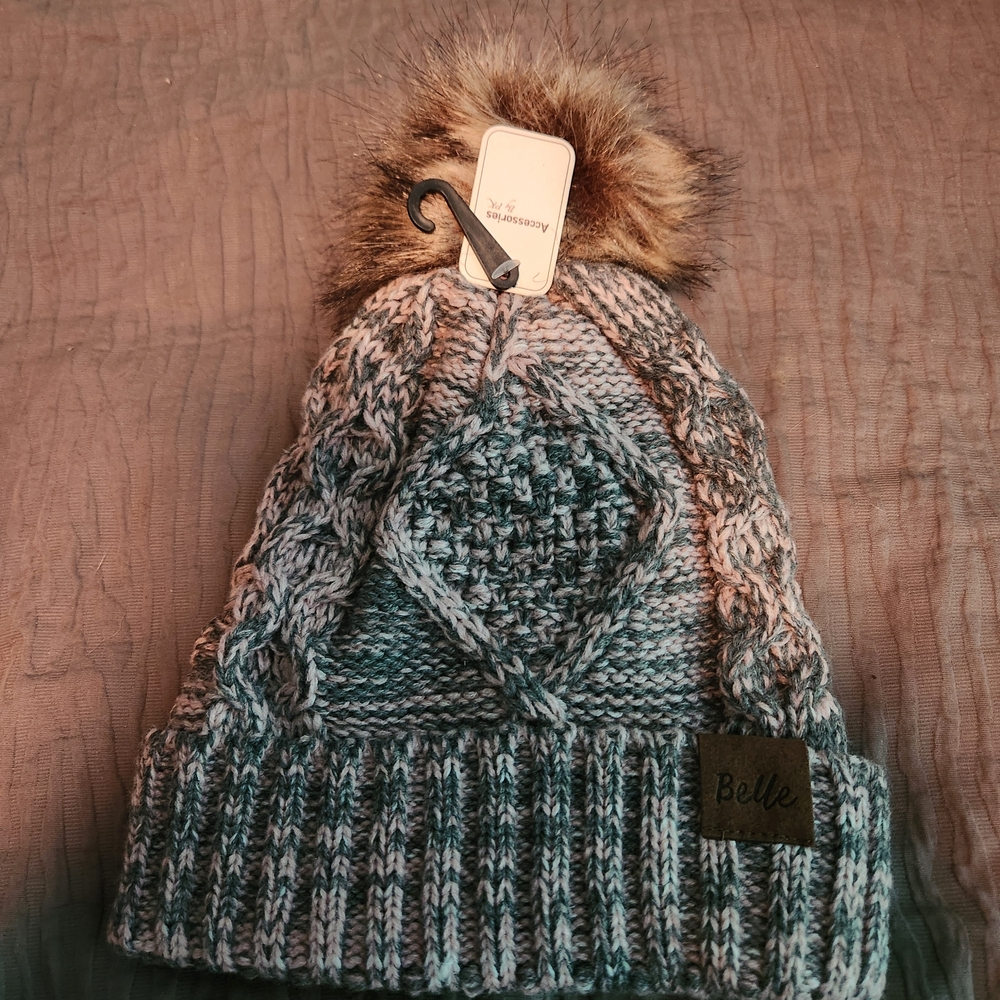 Belle Gray and Brown Knit Pom-Pom Hat